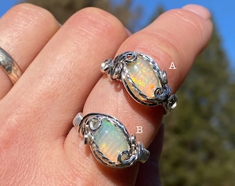 Opal Ring for Women size 6.5, 7.5 Fire Opal Sterling Silver Wire Wrapped Ring Ethiopian Opal Ring Gift October Birthstone Ring Genuine Opal