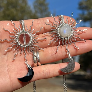 SUN and CRESCENT MOON Sterling Silver Pendant Necklace Crystal Quartz Onyx Moonstone Black Sunstone Wire Wrapped Sunshine Necklace for Gift