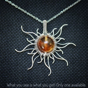 SUN Necklace Citrine Sterling Silver Wire Wrapped Pendant Sunshine Necklace for Women Men Sun Necklace for Mom Citrine Necklace Gift for Him