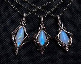 Moonstone Copper Wire Wrapped Pendant Nickel Free Necklace for Women June Birthstone Necklace Rainbow Moonstone Crystal Necklace Gift Gothic