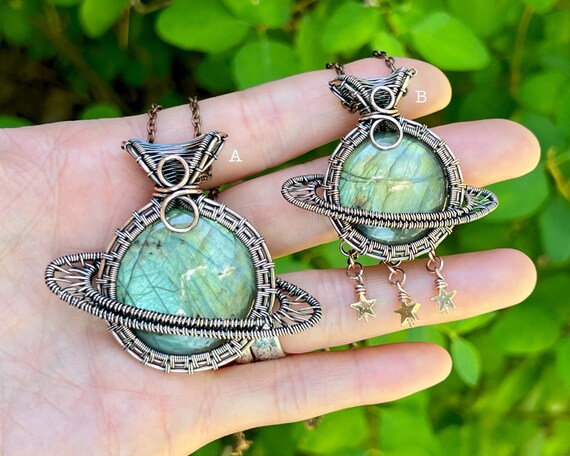 SATURN Labradorite Hematite Copper Wire Wrapped Pendant Necklace