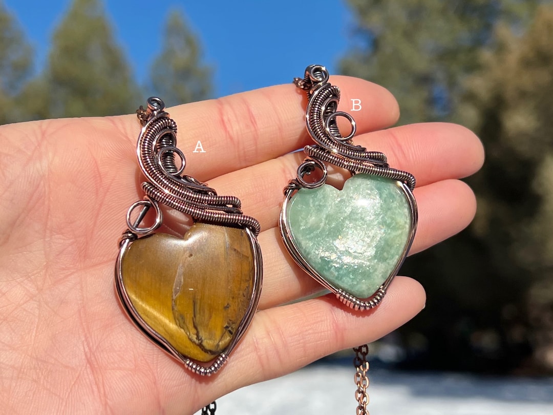 HEART Necklace for Women Tiger's Eye Aquamarine Copper Wire