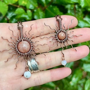 SUN and MOON Necklace for Women Sunstone Moonstone Copper Wire Wrapped Pendant Sunshine Nickel Free Necklace for Women Sun Moon Necklace