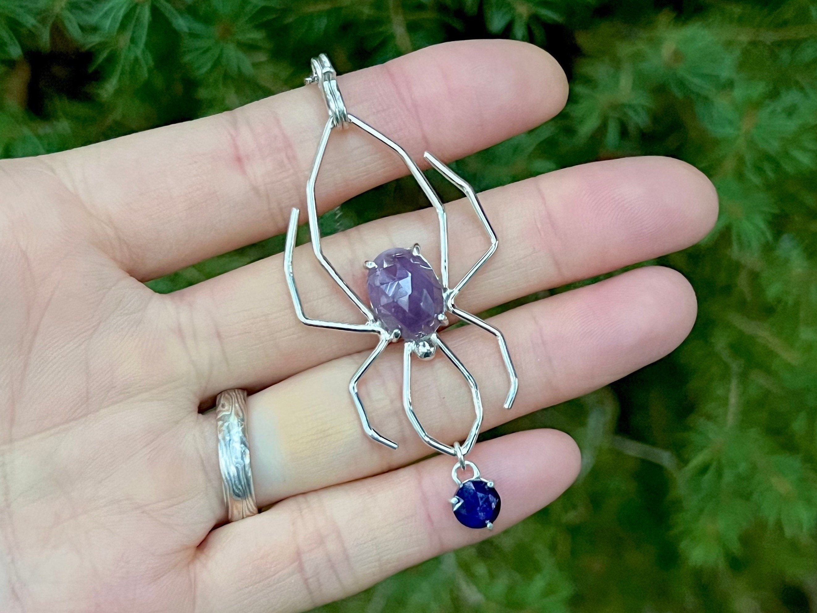 Spider | Pink Sapphire & Blue Sapphire Sterling Silver 925 Wire Wrapped Pendant | Halloween Necklace | Spooky Witchy Jewelry Gift | unisex