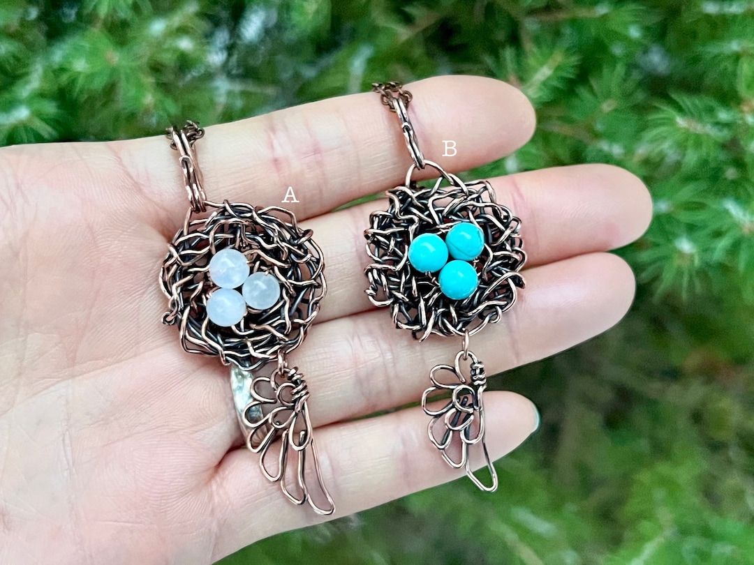 Bird Nest Necklace for Women Moonstone Turquoise Wire Wrapped Pendant