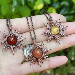 SUN Necklace for Women Carnelian Orange Agate Citrine Copper Wire Wrapped Pendant for Men Sunshine Necklace for Gift Sun Necklace for Mom