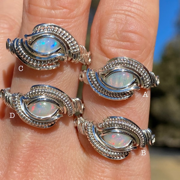 Opal Ring for Women size 7, 7.5, 8 Sterling Silver 925 Wire Wrap Ring for Her Natural Ethiopian Fire Opal Ring for Gift October Birthstone