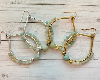 Hoop earrings with amazonite beads. Dangle earrings, large hoops with varying blues of amazonite.