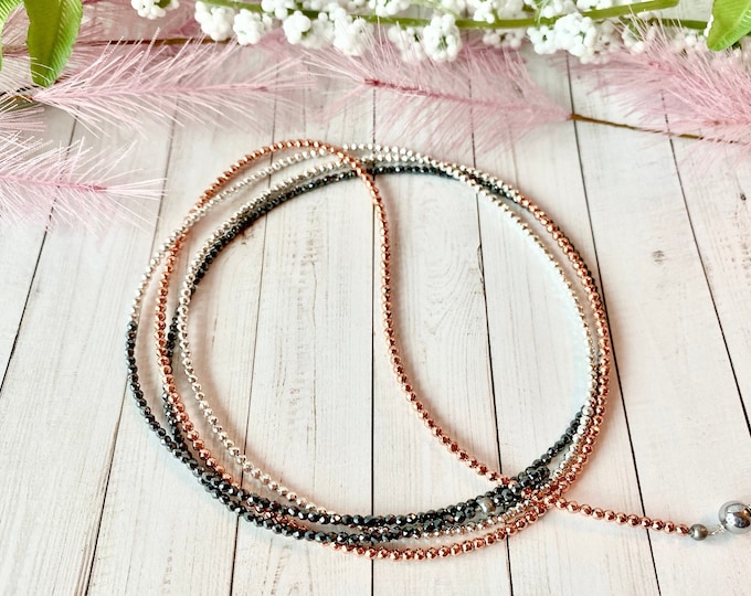 Hematite wrap necklace, rose gold, silver and black hematite beads, luxe boho style
