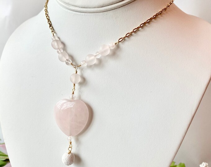 Rose quartz heart pendant, long beaded necklace with rose quartz beads