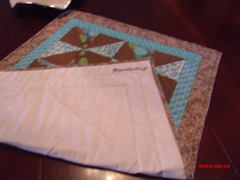 Quilted and Pieced Table Runner and Hot Pad Set Aqua and BrownTable Runner Set Hot Pad Set Mug Rugs