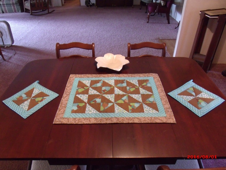 Quilted and Pieced Table Runner and Hot Pad Set Aqua and BrownTable Runner Set Hot Pad Set Mug Rugs
