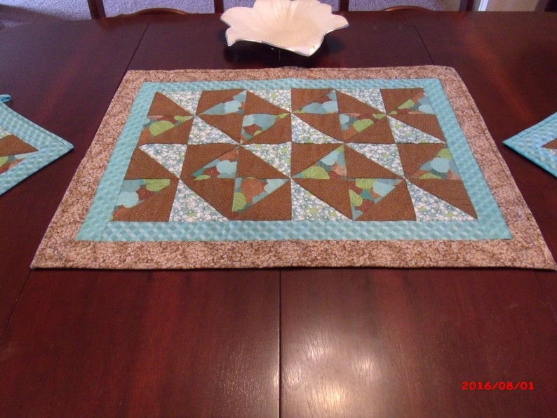Quilted and Pieced Table Runner and Hot Pad Set Aqua and BrownTable Runner Set Hot Pad Set Mug Rugs