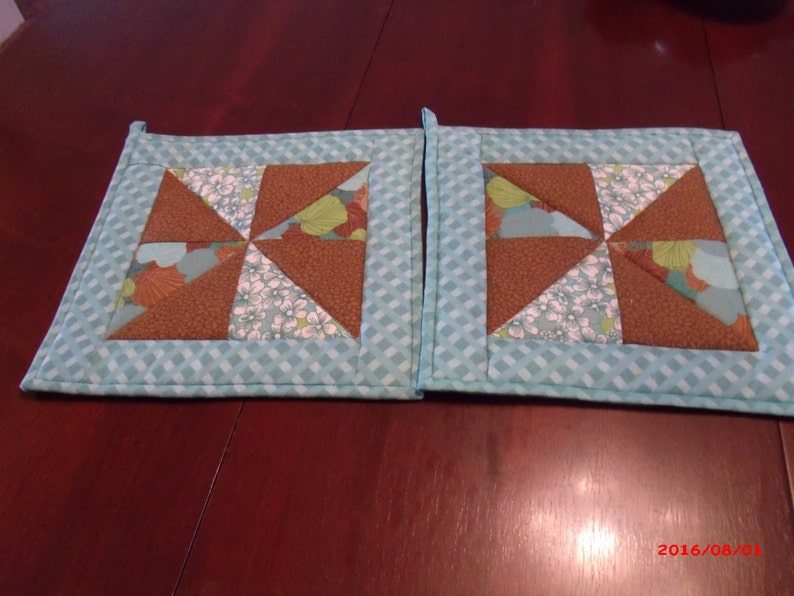 Quilted and Pieced Table Runner and Hot Pad Set Aqua and BrownTable Runner Set Hot Pad Set Mug Rugs