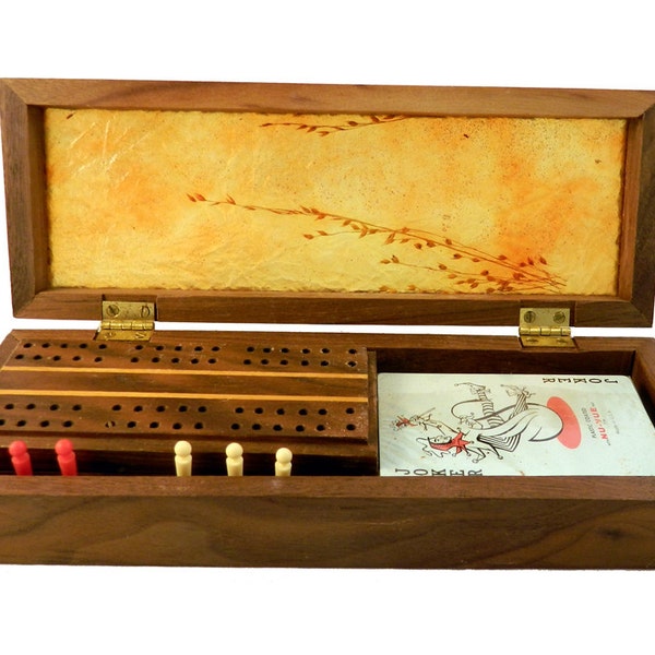 Tablero de cribbage en caja naranja con flores secas hechas a mano únicas madera tablero de CRIBBAGE nVintage Cribbage Vintage juego de tablero de Cribbage madera