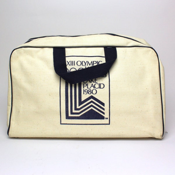 Vintage XIII Olympic Canvas Tote Bag - 1980 Winter Games Lake Placid - Zippered Overnight Briefcase Carry Case Duffel