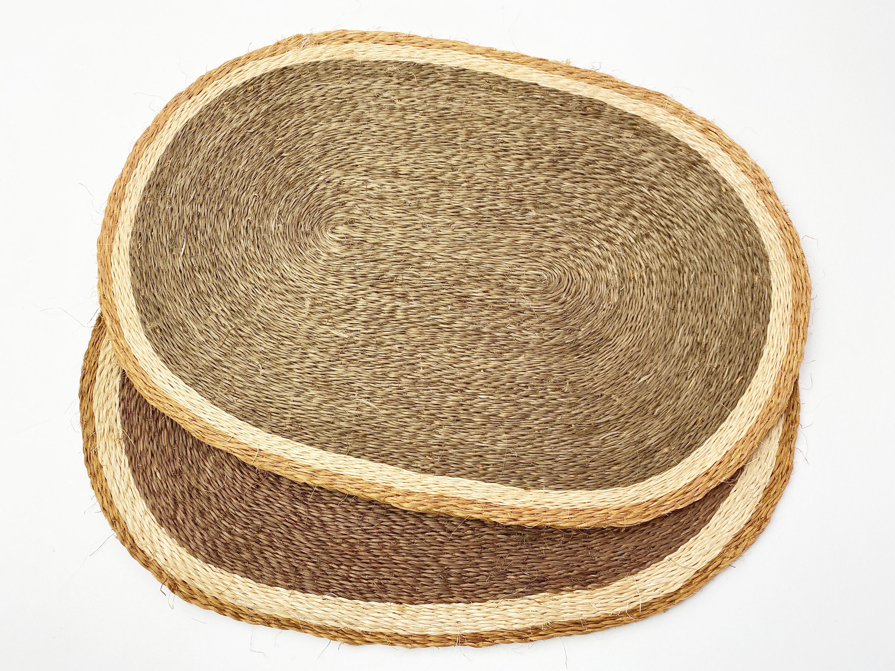 Vintage Pair of Woven Jute Placemats Oval Trivets Woven Fiber Brown