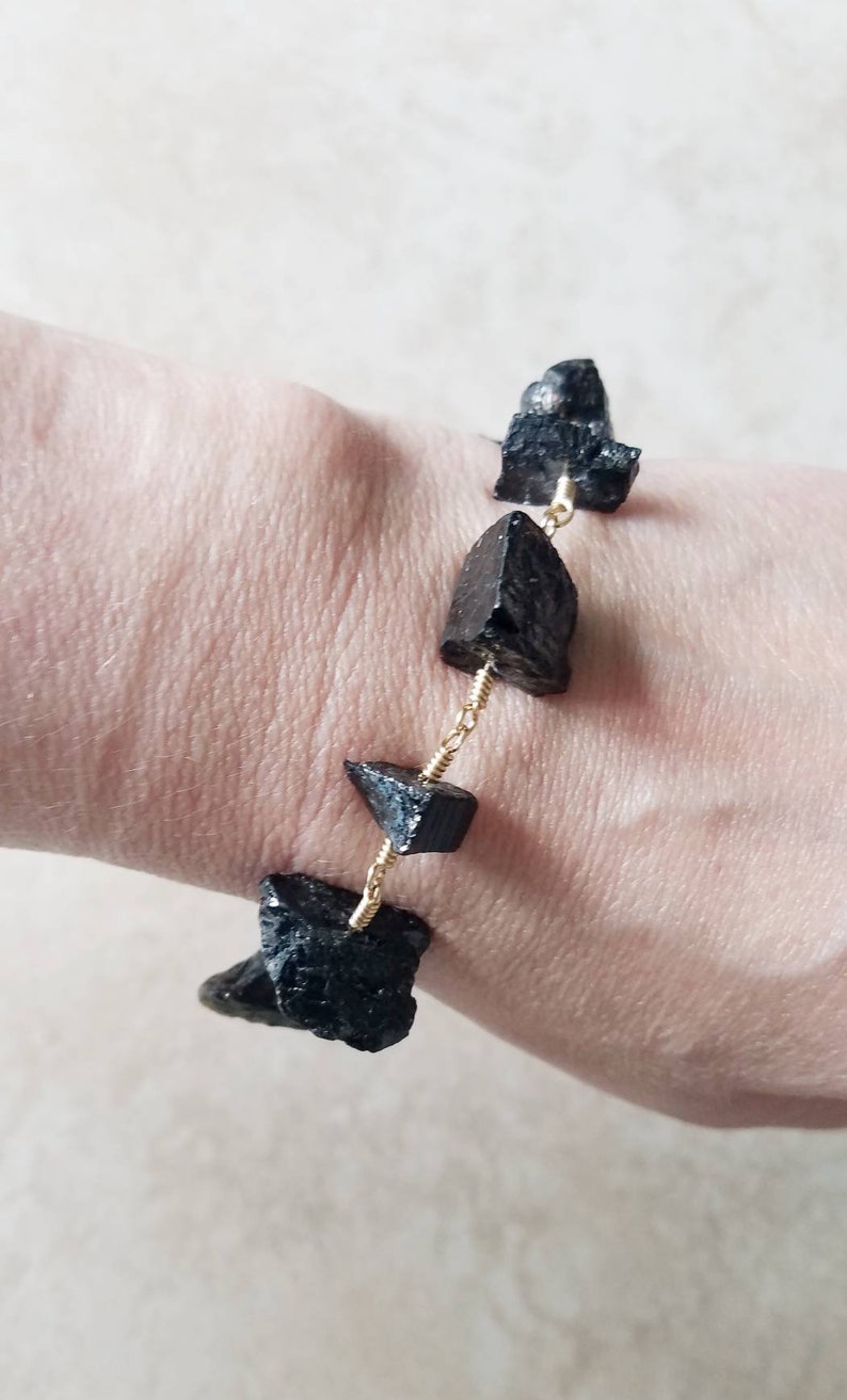 Yellow Gold Limited Edition Silver Raw Natural Black Tourmaline Nugget Link Bracelet Meteorite Collection