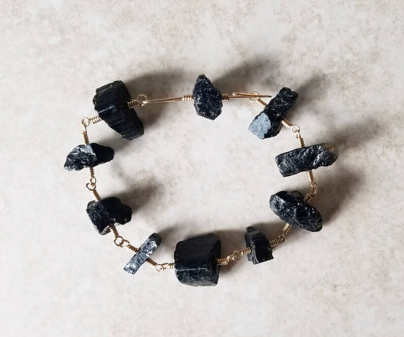 Yellow Gold Limited Edition Silver Raw Natural Black Tourmaline Nugget Link Bracelet Meteorite Collection