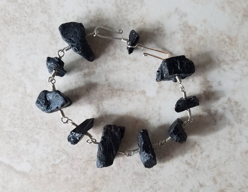 Yellow Gold Limited Edition Silver Raw Natural Black Tourmaline Nugget Link Bracelet Meteorite Collection