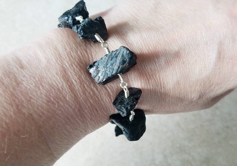 Yellow Gold Limited Edition Silver Raw Natural Black Tourmaline Nugget Link Bracelet Meteorite Collection
