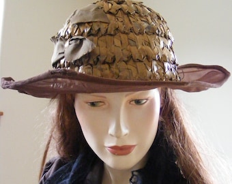 Vintage 1920's 20s Straw Cloche Hat with Sheer Chiffon Brim // Tan Brown Woven Straw Sun Hat // Costume Reenactment Hat // Summer Cloche Hat