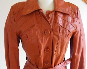 1970s Belted Leather Trench Coat: Rust Brown Vintage Jacket (M)