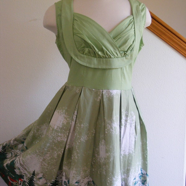 Sleeveless Green Cotton Sun Dress / Swiss Alps Novelty Print / Full Skirt Summer Dress / Rockabilly Swing / L