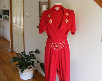 Vintage 1980s Red Jumpsuit Coveralls Pantsuit / Rhinestone Studded Jumpsuit / Harem Girl Pants / Epaulet Shoulders / 80s Elvis Red Jumpsuit