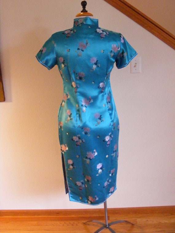 Vintage 1960s 60s Dress / Cheongsam Dress / Blue … - image 5