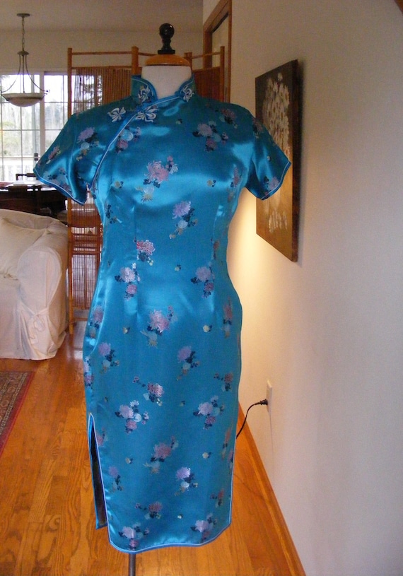 Vintage 1960s 60s Dress / Cheongsam Dress / Blue R