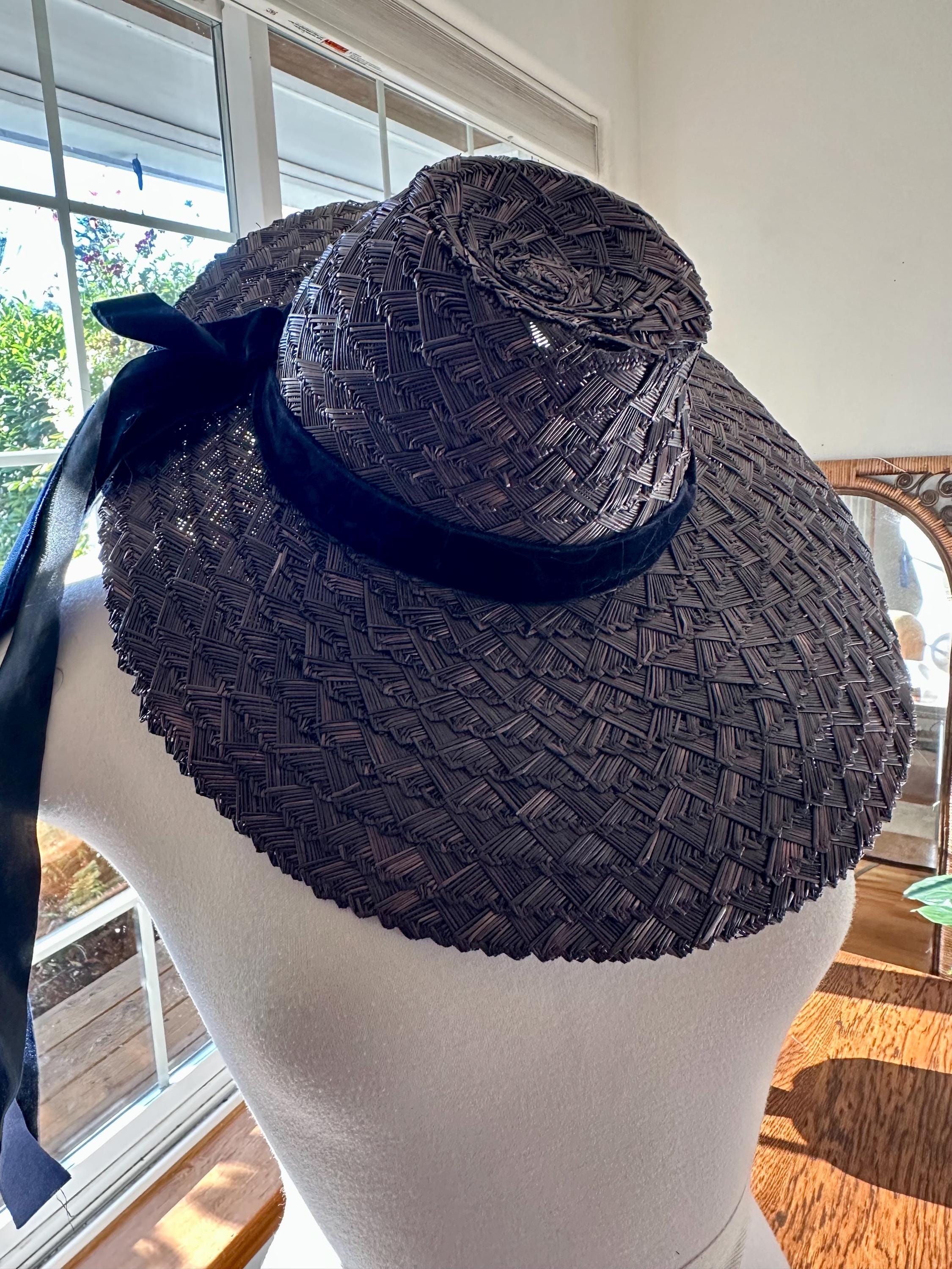 Vintage Anita Hopkins Wide Brim Brown Straw Sun Hat with Cream Scarf Edwardian-era straw boater hat main image 2