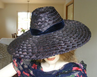 Vintage 1940s 40s Wide Brim Straw Hat | Navy Blue Sun Hat | Picture Platter Cartwheel | Garden Party Summer Wedding Resort | The Bon Marche