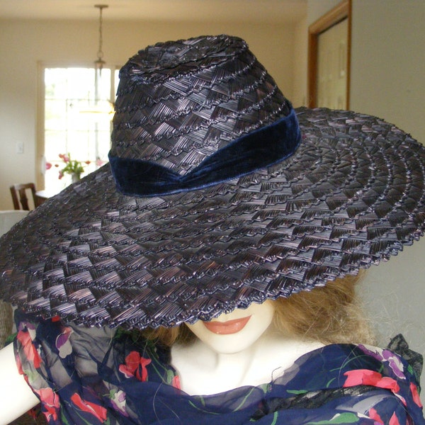 Vintage 1940s 40s Wide Brim Straw Hat | Navy Blue Sun Hat | Picture Platter Cartwheel | Garden Party Summer Wedding Resort | The Bon Marche
