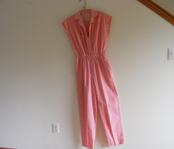 Vintage 1970's Red & White Striped Jumpsuit / Cot… - image 2