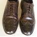 May include: A pair of brown leather oxford shoes with wingtip detailing and laces. The shoes have a polished finish and are worn.
