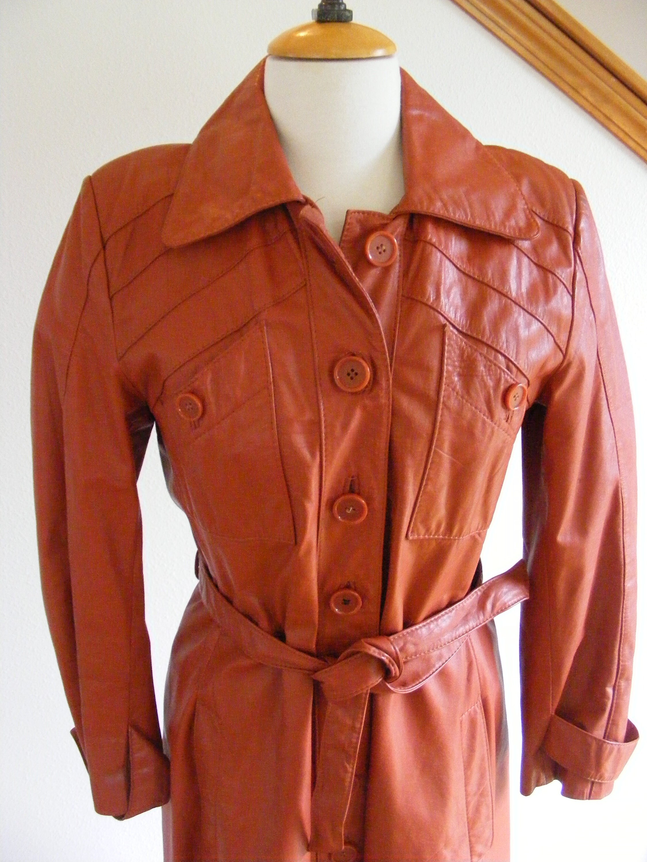 1970s Belted Leather Trench Coat: Rust Brown Vintage Jacket
