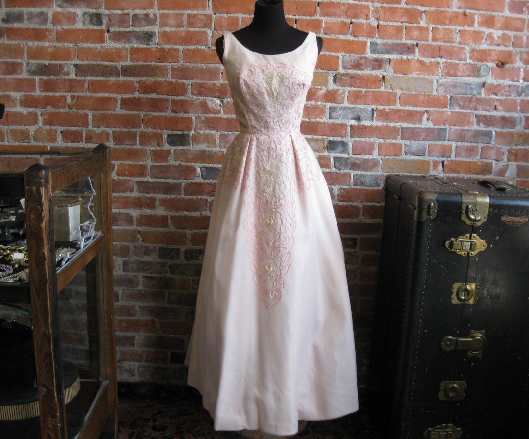 Vintage 1950s 1960s Pink Chiffon & Taffeta Party Prom Dress Long Gown ...