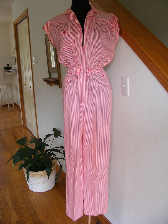 Vintage 1970's Red & White Striped Jumpsuit / Cot… - image 7