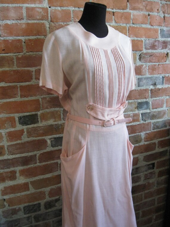 Details about / Vintage 1940s LeVine Originale Pink Rayon Linen Day Dress