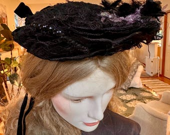 Antique Victorian Mourning Hat, Black Bonnet with Horsehair Lace Velvet Ribbon