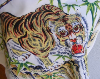 Vintage 1950s Hand Painted Scarf // Tiger Motif // Made in Japan // Square Scarf