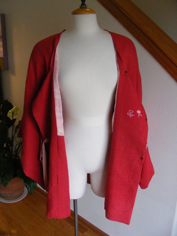 Vintage 1940s Red Silk Kimono Robe, Jacket Coat /… - image 3