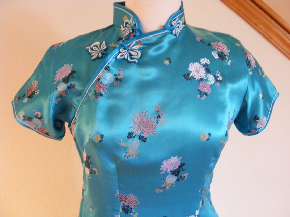 Vintage 1960s 60s Dress / Cheongsam Dress / Blue … - image 6