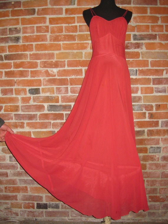 Vintage 1930s 30s Dress / Sleeveless Red Silk Chif
