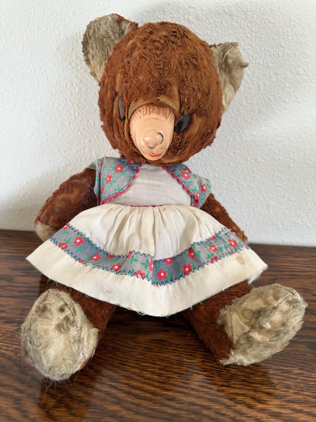 Vintage 1930s 40s Teddy Bear With Rubber Face | Mohair Bear in Floral ...