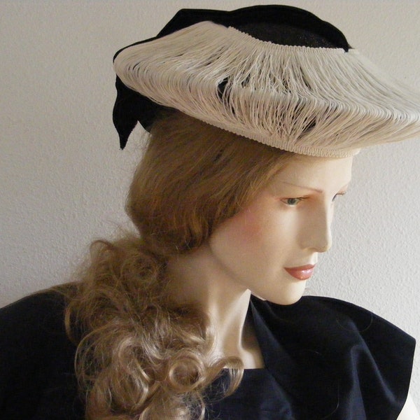 Vintage 1940s 40s Hat // Wide Brim Black and White Velvet Finely Woven Straw Saucer Tilt Platter Hat // Cartwheel Hat // Robinelle Original