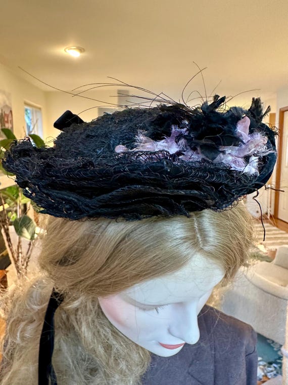 Antique Victorian Mourning Hat, Black Bonnet With Horsehair  display picture 1