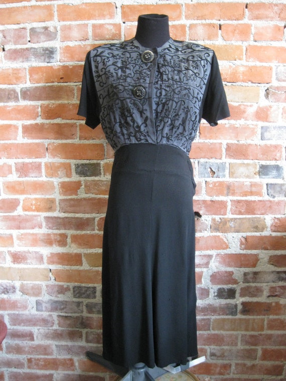 Vintage 1940s Black Rayon Crepe Swing Dress // 40s