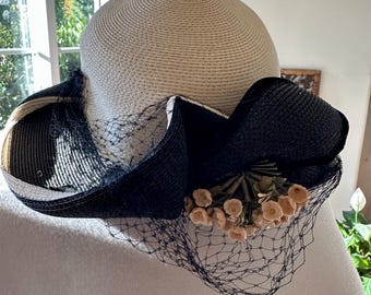 Vintage 1930's Straw Hat with Veil: Sculpted Brim, Black & White Art Deco Design